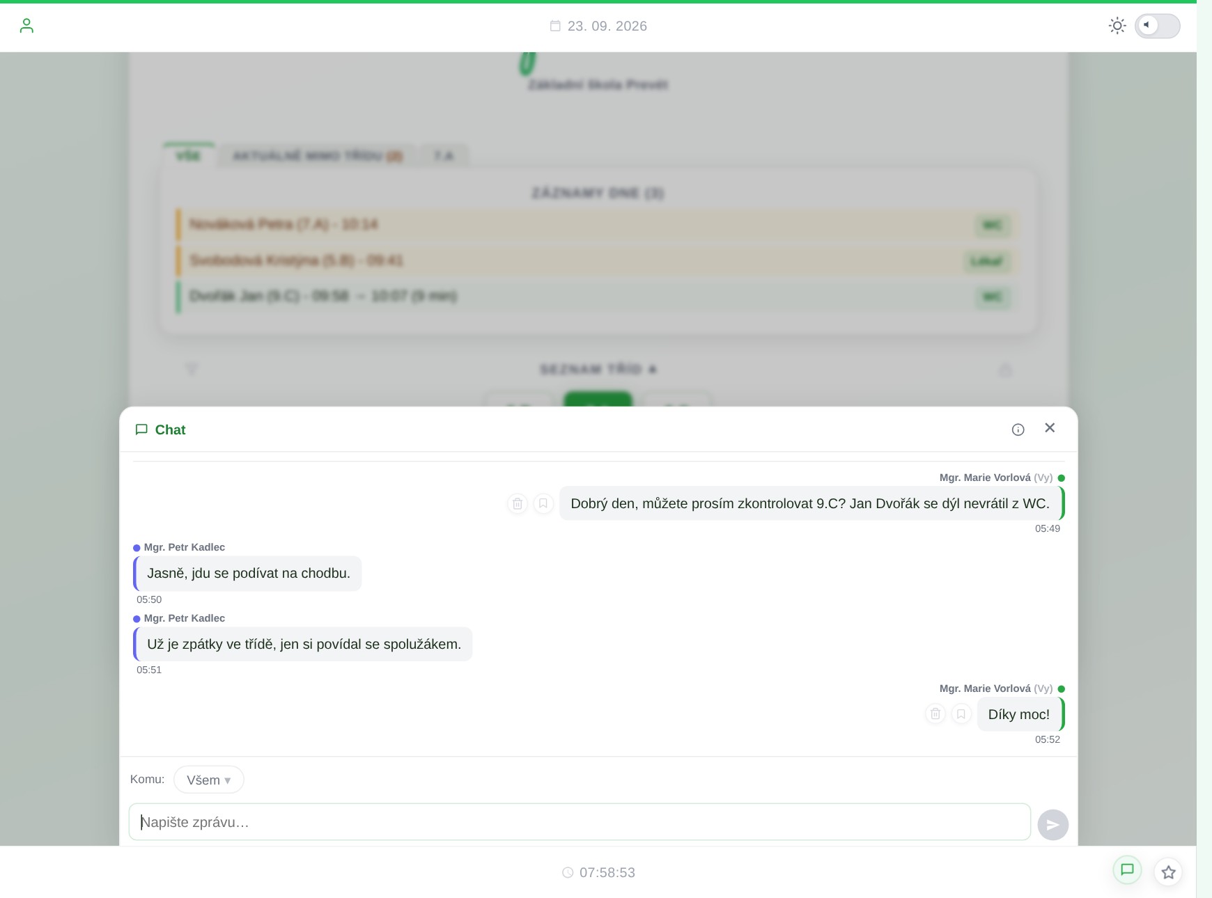 Chat pro sborovnu v appce Prevet — konverzace mezi učiteli o žákovi